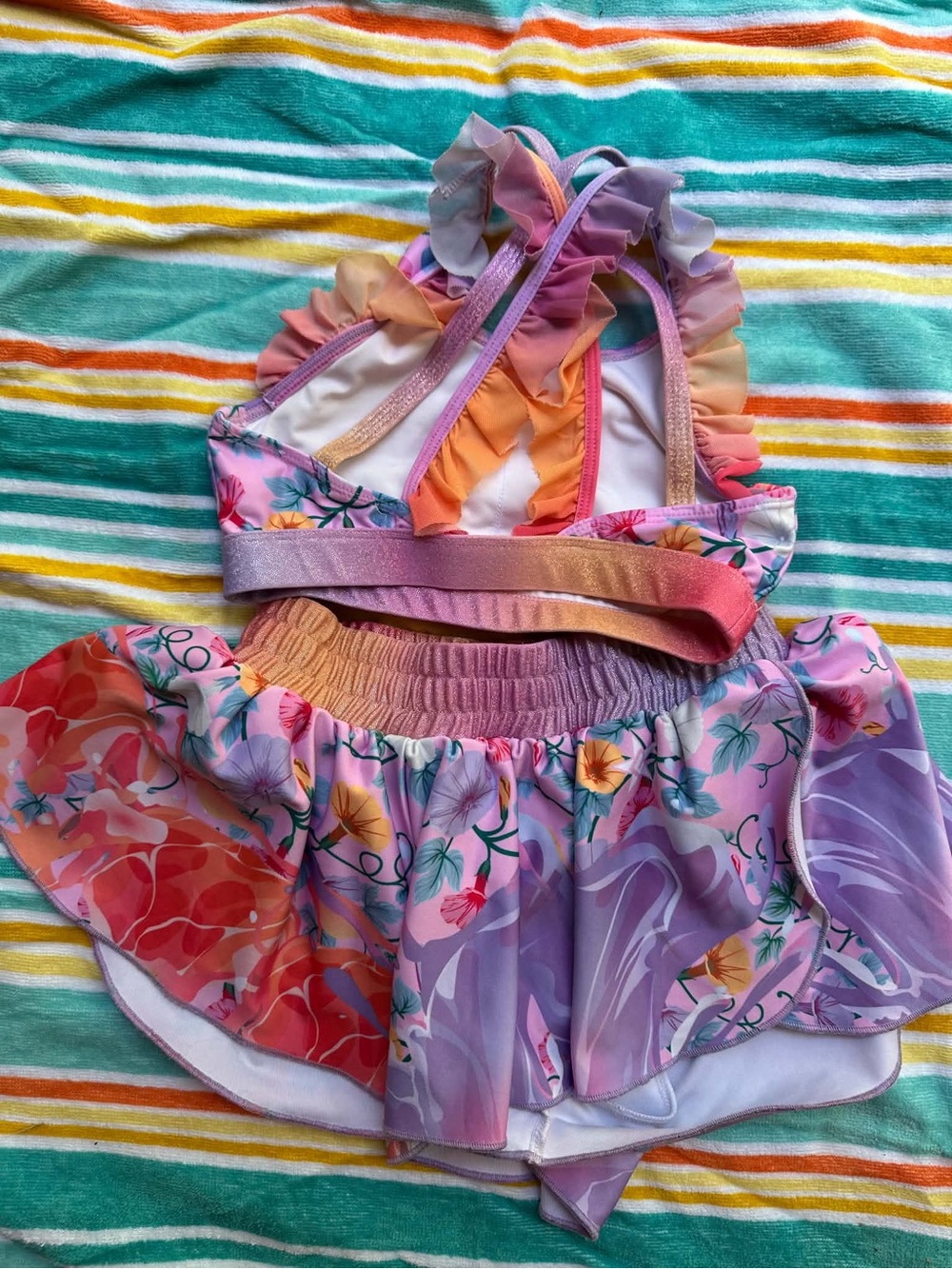 Girls' Pink Floral Ruffle Skort with Rainbow Trim rebel cheer athletic Ys